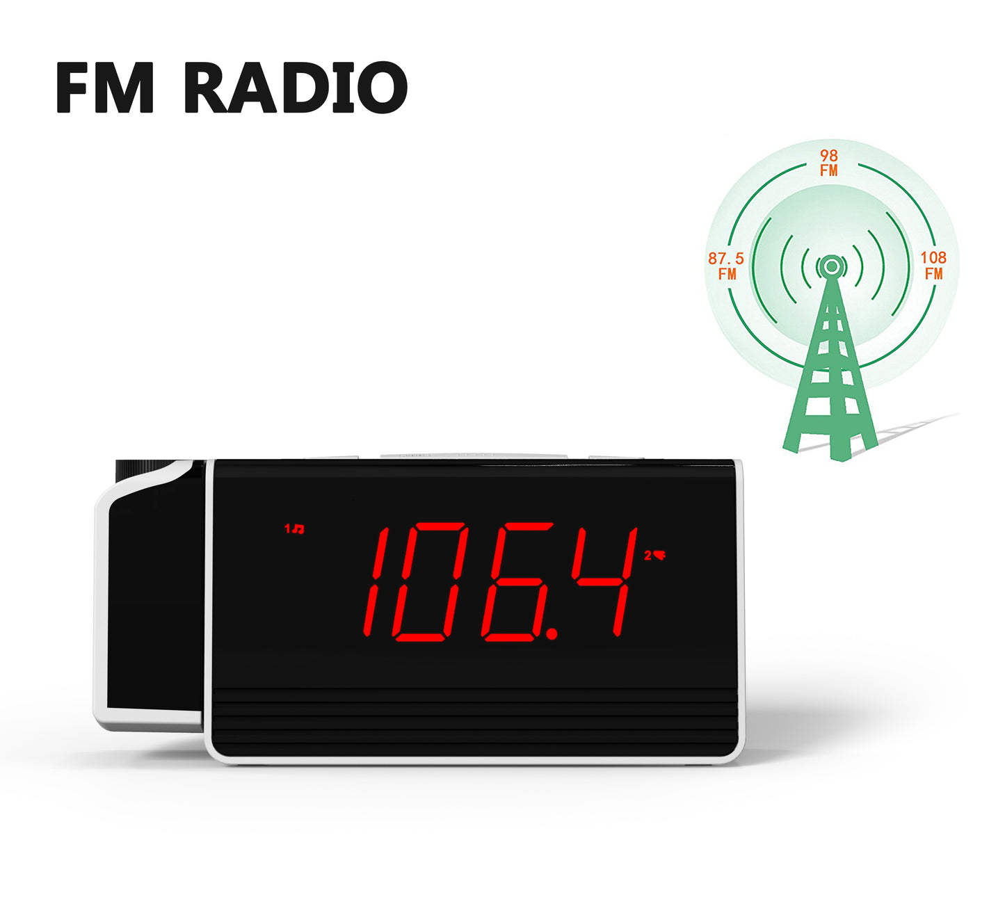 Reloj despertador digital iTOMA con proyector giratorio de 180° para dormitorio, radio FM, pantalla LED roja, regulador de brillo de 4 niveles, alarma dual, función de repetición, 12/24 h, 512