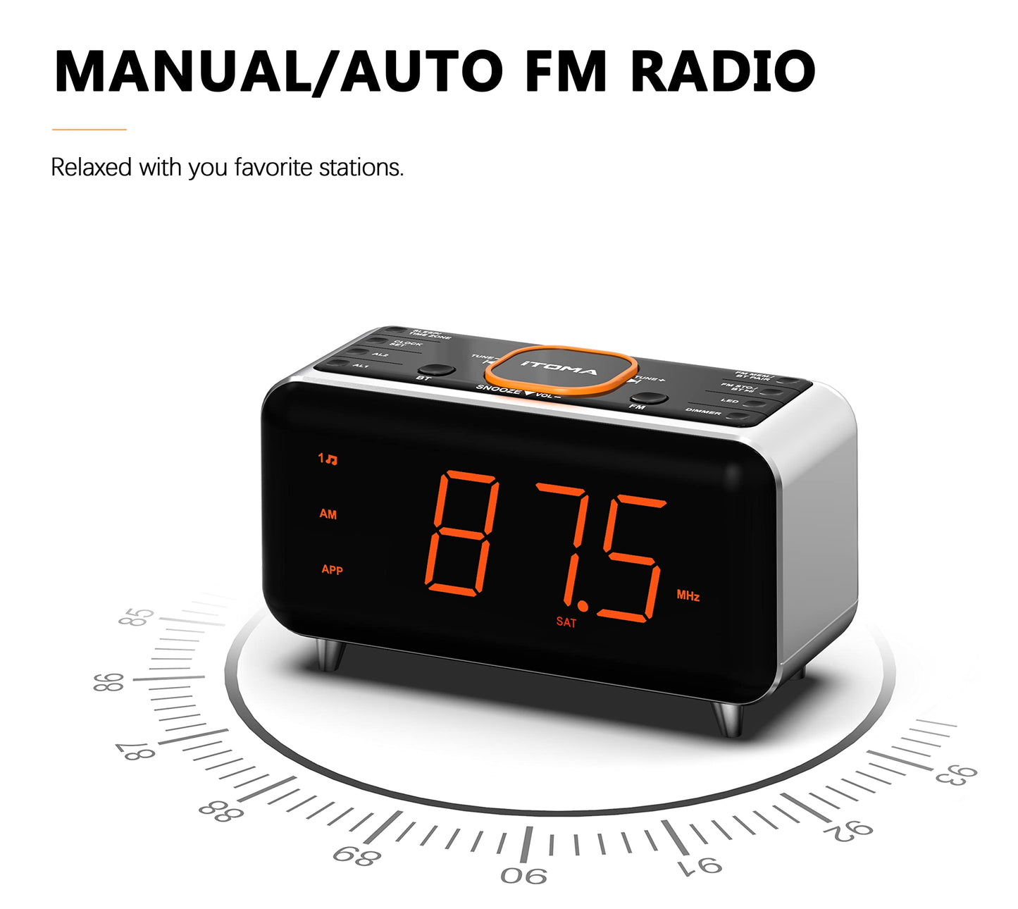 Radio Alarm Clock with App Control, Bluetooth, FM Radio, Dual Alarm of 4 Alarm Modes, Easy Snooze, Dimmer, Orange Night Light, 12/24 Hr & USB Charger Port iTOMA 208A