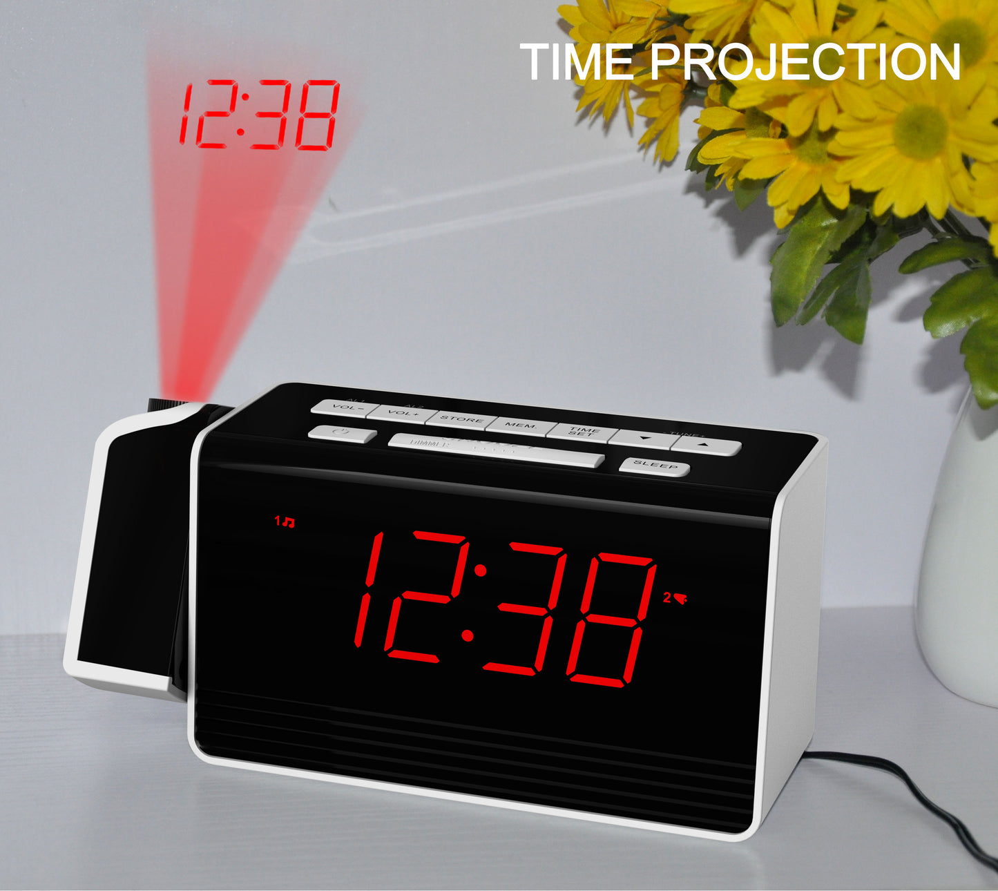 Reloj despertador digital iTOMA con proyector giratorio de 180° para dormitorio, radio FM, pantalla LED roja, regulador de brillo de 4 niveles, alarma dual, función de repetición, 12/24 h, 512