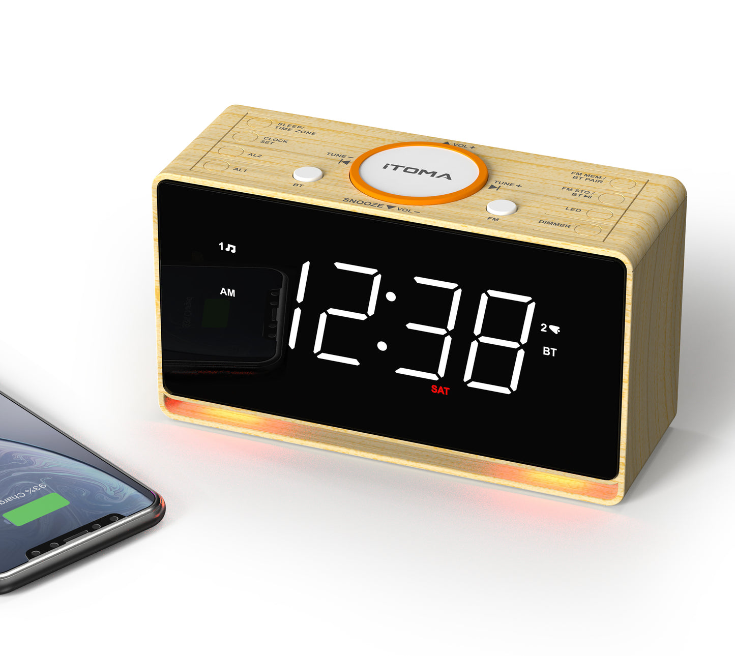Digitaler Radiowecker, 1,4-Zoll-Uhr mit weißem LED-Display, Bluetooth, FM-Radio, Doppelalarm, Sleep-Timer, Schlummerfunktion, automatischem und manuellem Dimmer, USB-Ladegerät und Nachtlicht iTOMA 718