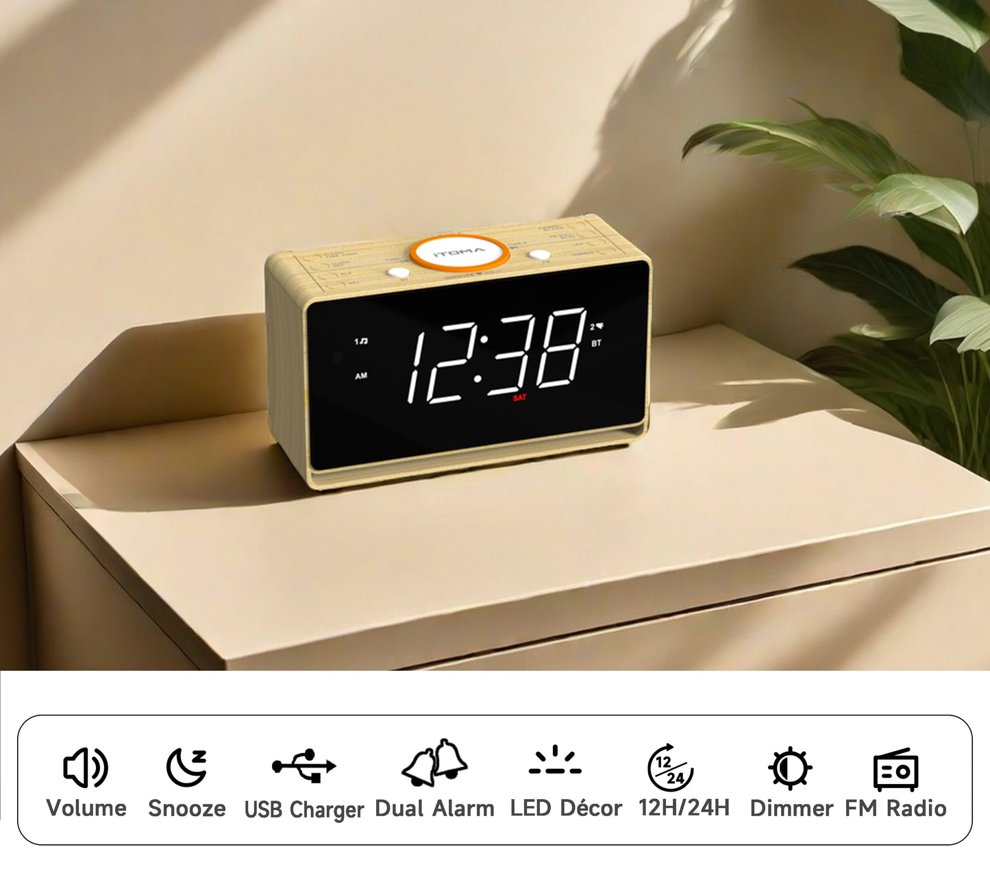 Digitaler Radiowecker, 1,4-Zoll-Uhr mit weißem LED-Display, Bluetooth, FM-Radio, Doppelalarm, Sleep-Timer, Schlummerfunktion, automatischem und manuellem Dimmer, USB-Ladegerät und Nachtlicht iTOMA 718