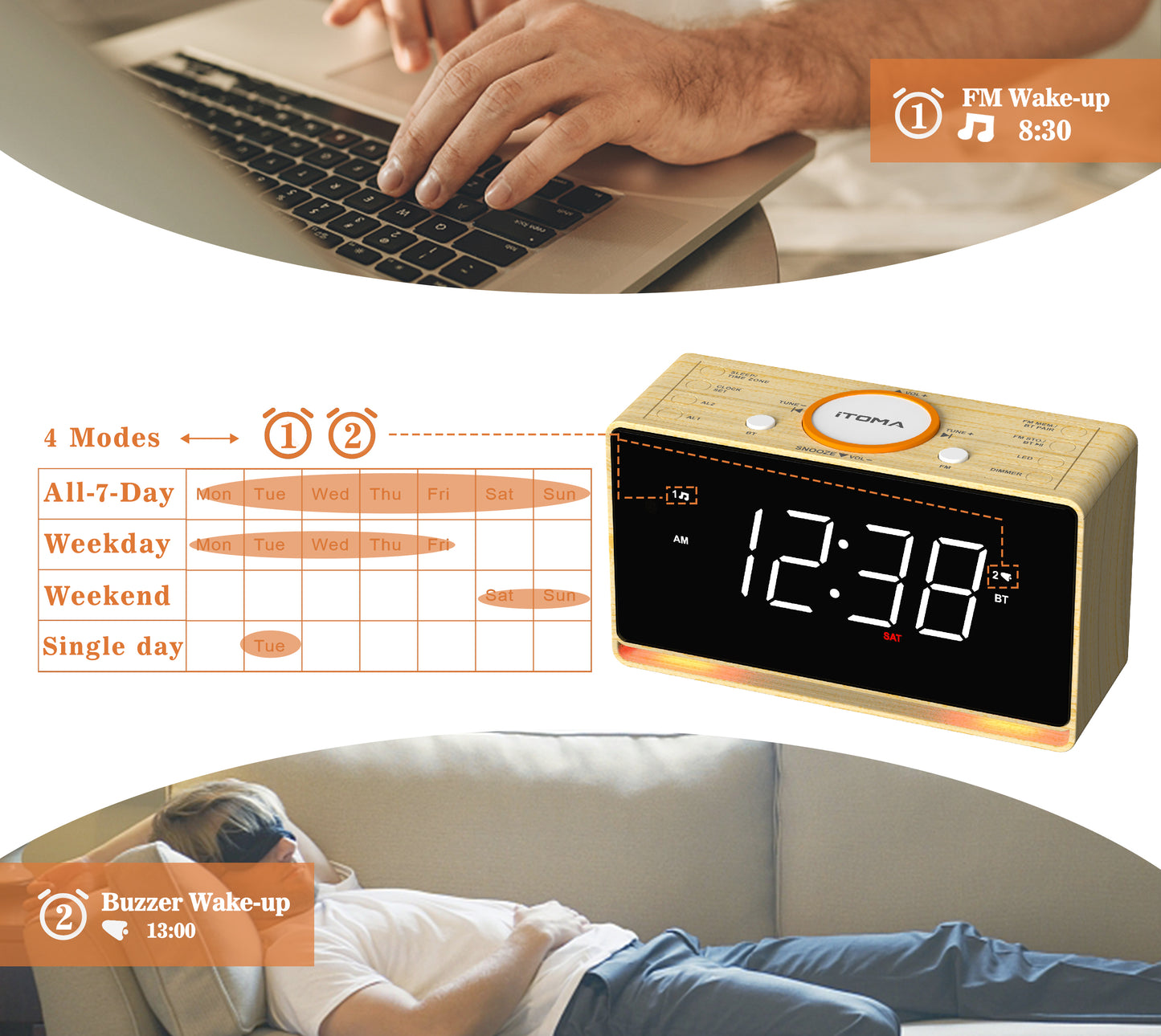 Digitaler Radiowecker, 1,4-Zoll-Uhr mit weißem LED-Display, Bluetooth, FM-Radio, Doppelalarm, Sleep-Timer, Schlummerfunktion, automatischem und manuellem Dimmer, USB-Ladegerät und Nachtlicht iTOMA 718