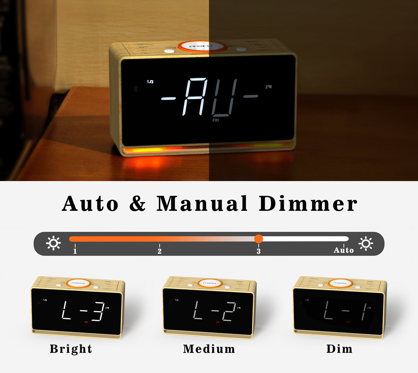 Digitaler Radiowecker, 1,4-Zoll-Uhr mit weißem LED-Display, Bluetooth, FM-Radio, Doppelalarm, Sleep-Timer, Schlummerfunktion, automatischem und manuellem Dimmer, USB-Ladegerät und Nachtlicht iTOMA 718