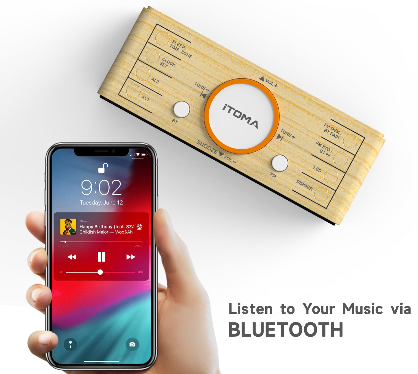 Digitaler Radiowecker, 1,4-Zoll-Uhr mit weißem LED-Display, Bluetooth, FM-Radio, Doppelalarm, Sleep-Timer, Schlummerfunktion, automatischem und manuellem Dimmer, USB-Ladegerät und Nachtlicht iTOMA 718