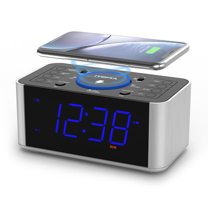 Radio despertador de noche con carga inalámbrica de 5 W, función de repetición, Bluetooth, alarma dual, pantalla LED de 1,4", regulador de intensidad y carga USB para iTOMA 206S.