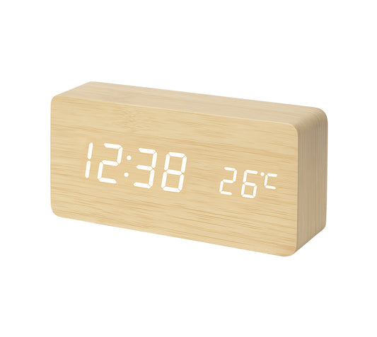 Multi-Function Digital Clock, Adjusting Brightness LED Alarm Clock with Time/Date/Temp Display Wooden Clock Smart Sleep Mode & DC/Battery for Home Office Travel