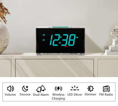 Bedside Alarm Clock Radio, 15 W Ultra Fast Wireless Phone Charger with wireless conncetion, USB Charging Port, Dual Alarm, Sleep Timer, Snooze, Dimmer, FM Radio,Cyan LED Night Light &1.4" Display iTOMA 207S