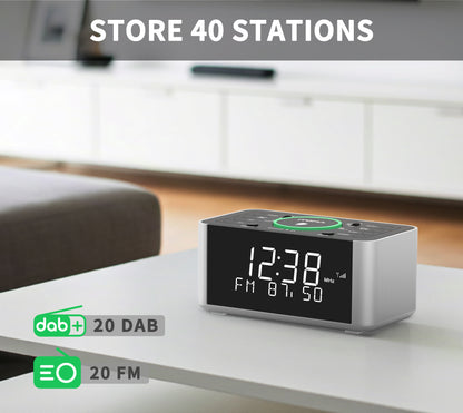 Alarm Clock with DAB & FM Radio Wireless Charging, 40 Preset Stations, Dual Alarms, Snooze, Dimmable LCD Display, Bluetooth, USB Charging and Earphone Jack, Bedside Alarm Radio iTOMA 206D