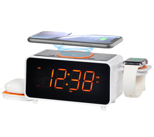 Bedside App Control Dual Wireless Charging Alarm Clock Radio with Bluetooth Speaker, FM Radio, Two USB Port, Dual Alarm, Snooze, Night Light, Auto & Manual Dimmer Control and 1.4" Orange Display iTOMA 209A-US
