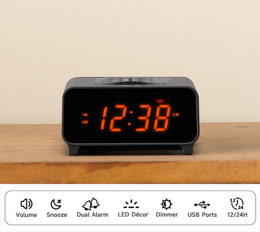 iTOMA 213-US Small Alarm Clocks, Dual Alarms with 4 Alarm Week Modes, Snooze, USB Charger, Auto & Manual Dimmer,12/24Hr,Night Light and Orange LED Display Clock for Bedrooms