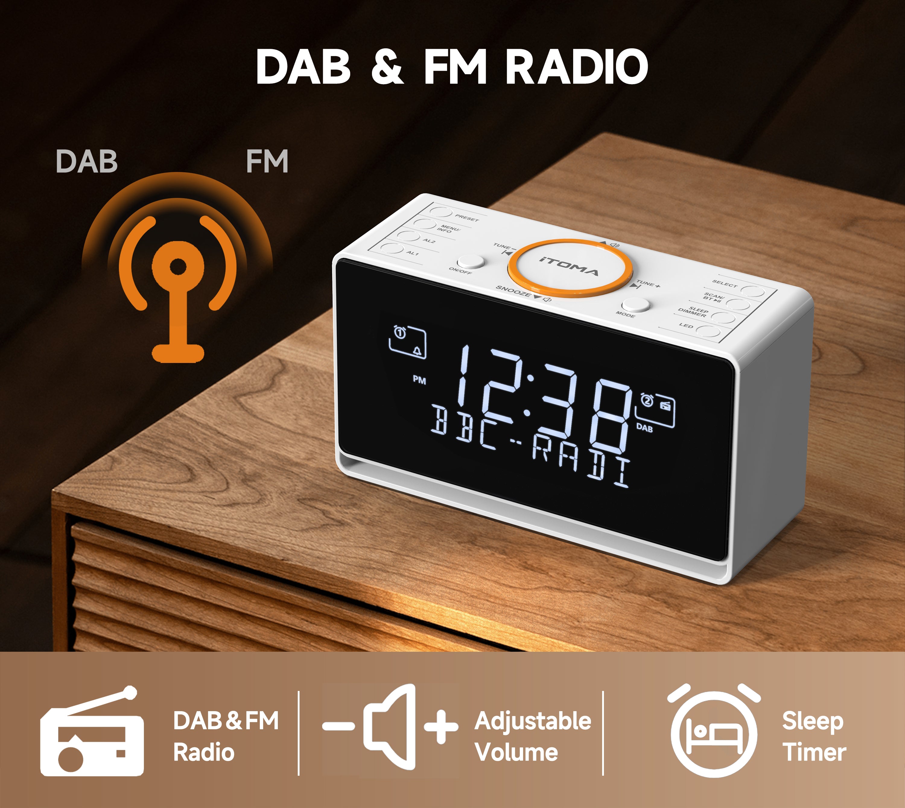 DAB and FM, Bluetooth, dual alarm clocks, sleep timer, dimming control, USB charger and headphone jack iTOMA 728