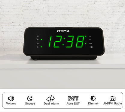 Digitaler iTOMA-Wecker mit AM/FM-Radio, 4-stufigem Dimmer, Schlummerfunktion, zwei Alarmen, Sleep-Timer und gut lesbarem 0,9-Zoll-LED-Display in Jadegrün, 2100
