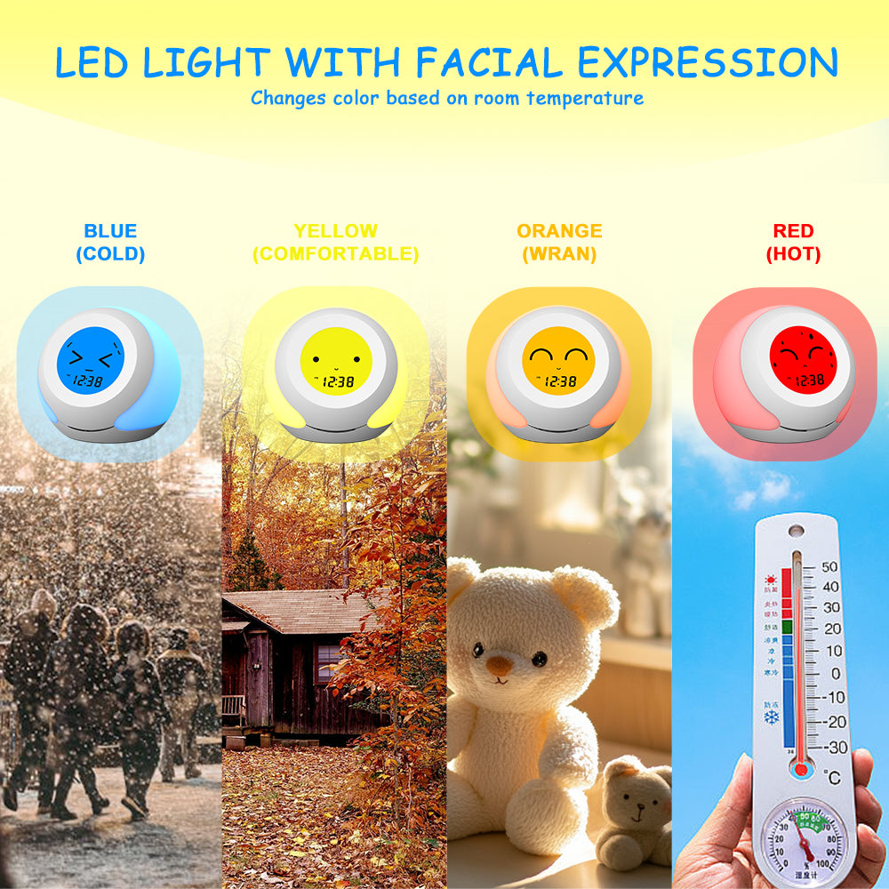 Kids Room Thermometer, Hygrometer and Cute Facial Expressions, Colorful Light Choose, 4 Level Dimmer, Indoor Temperature Monitor, LCD Screen Child Time Display Temperature and Humidity Gauge iTOMA 915