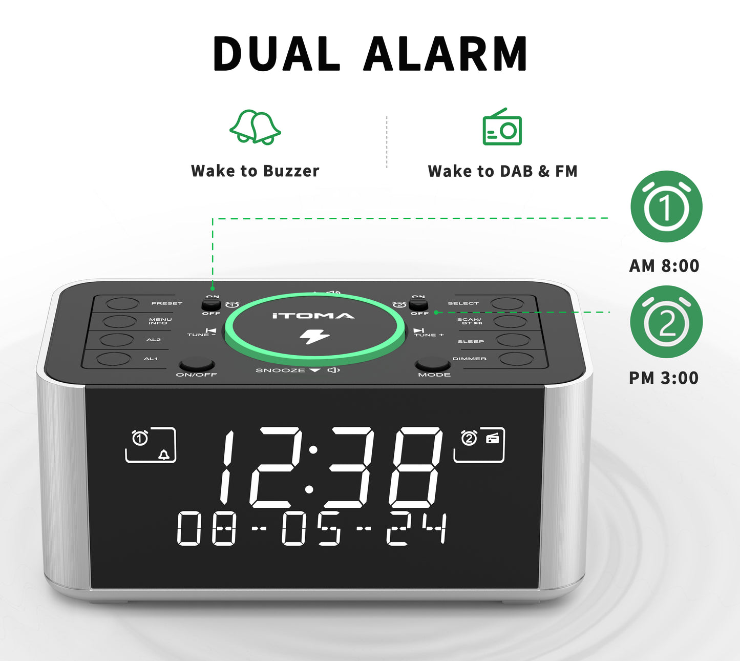 Alarm Clock with DAB & FM Radio Wireless Charging, 40 Preset Stations, Dual Alarms, Snooze, Dimmable LCD Display, Bluetooth, USB Charging and Earphone Jack, Bedside Alarm Radio iTOMA 206D