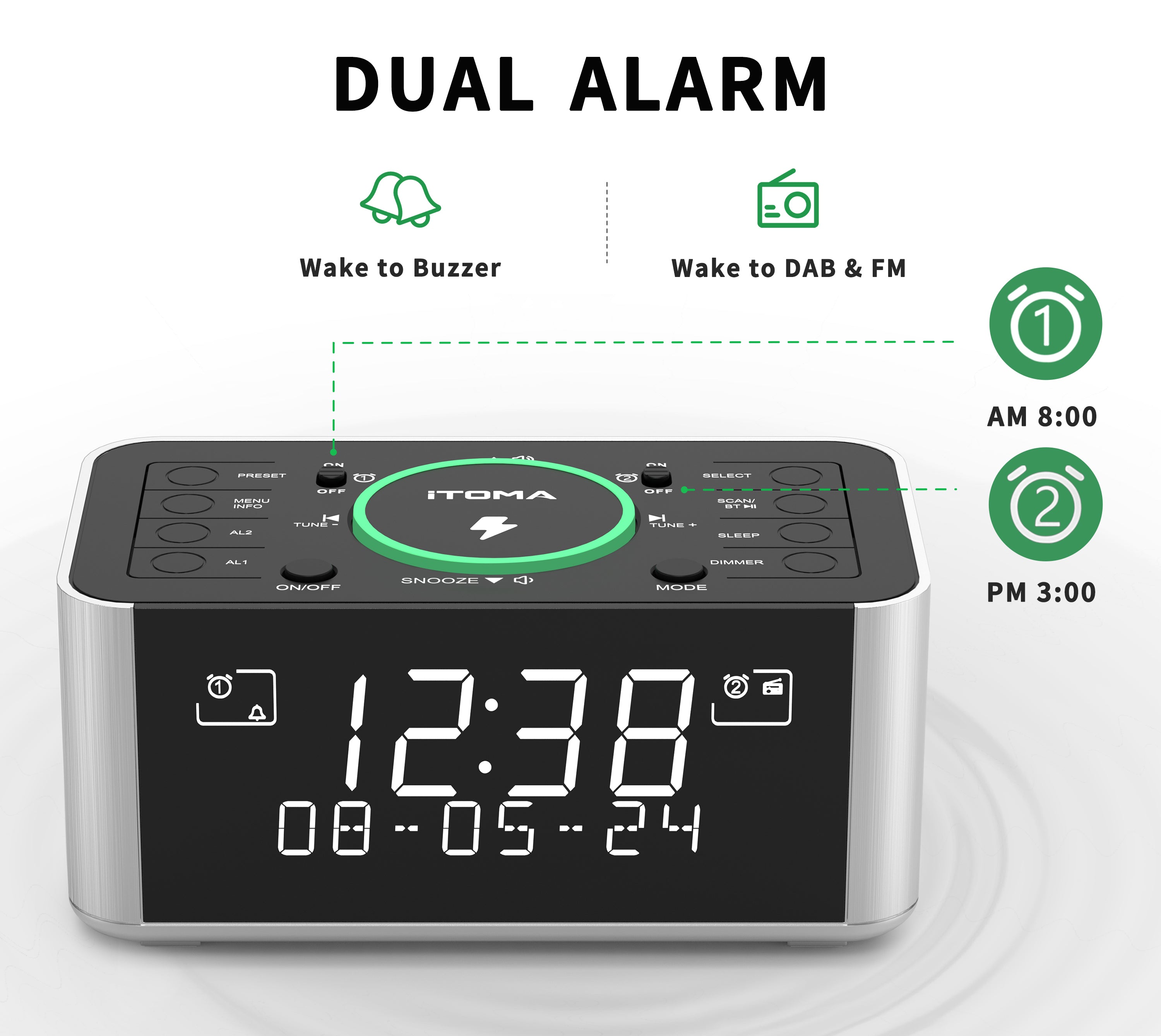 Alarm Clock with DAB & FM Radio Wireless Charging, 40 Preset Stations, Dual Alarms, Snooze, Dimmable LCD Display, Bluetooth, USB Charging and Earphone Jack, Bedside Alarm Radio iTOMA 206D