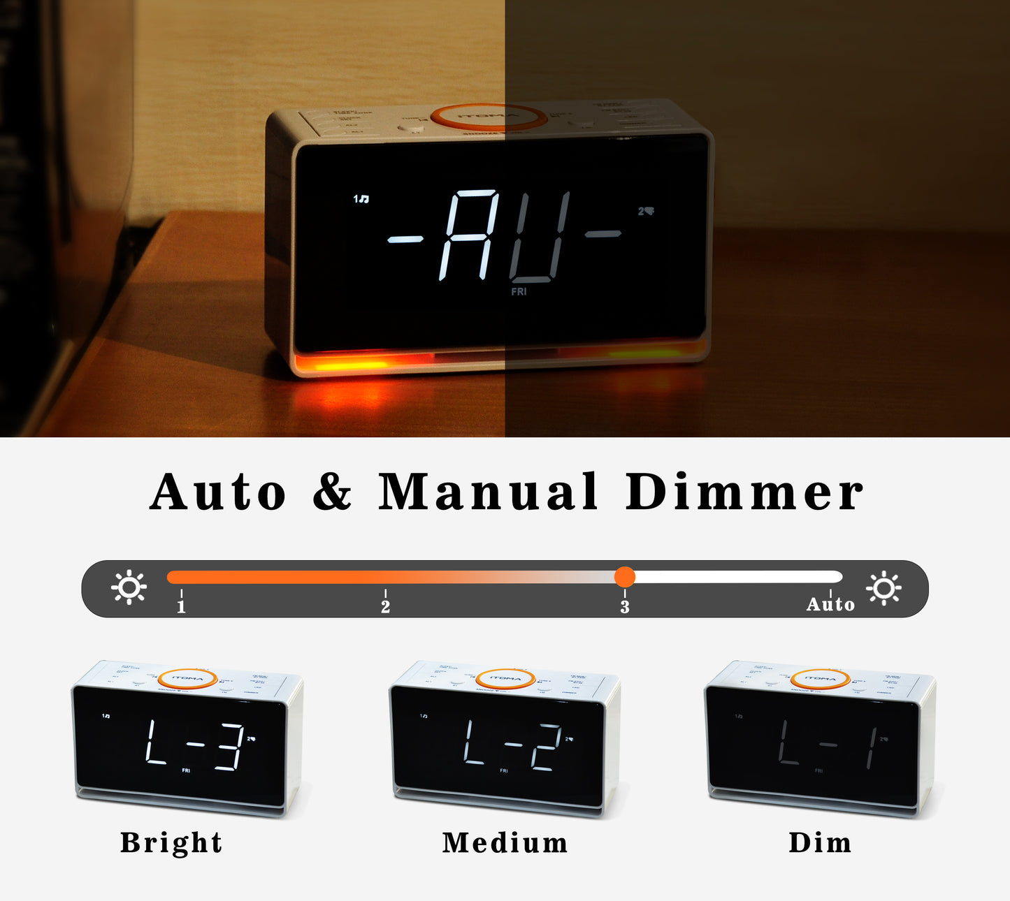 Digitaler Radiowecker, 1,4-Zoll-Uhr mit weißem LED-Display, Bluetooth, FM-Radio, Doppelalarm, Sleep-Timer, Schlummerfunktion, automatischem und manuellem Dimmer, USB-Ladegerät und Nachtlicht iTOMA 718
