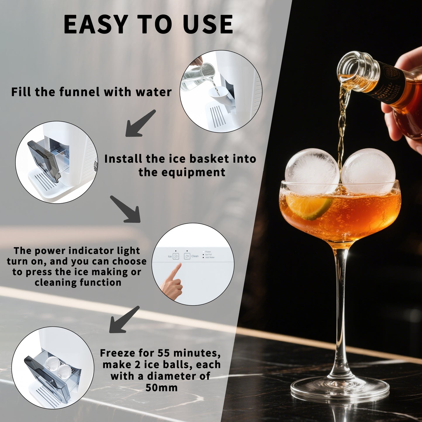 Fully-automated Artisanal Sphere Ice Maker – 2.3kg Daily Output, 50-Min Fast Ice, Smart Sensors, One-Touch Clean, Compact & Quiet for Home/Bar Use