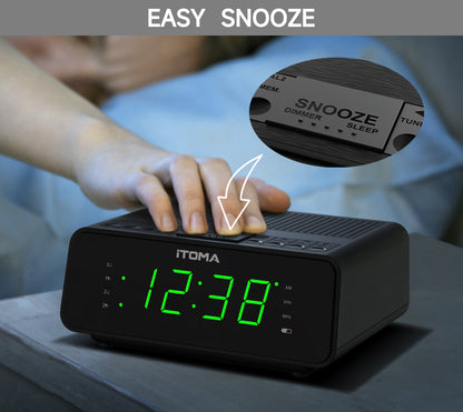 Digitaler iTOMA-Wecker mit AM/FM-Radio, 4-stufigem Dimmer, Schlummerfunktion, zwei Alarmen, Sleep-Timer und gut lesbarem 0,9-Zoll-LED-Display in Jadegrün, 2100