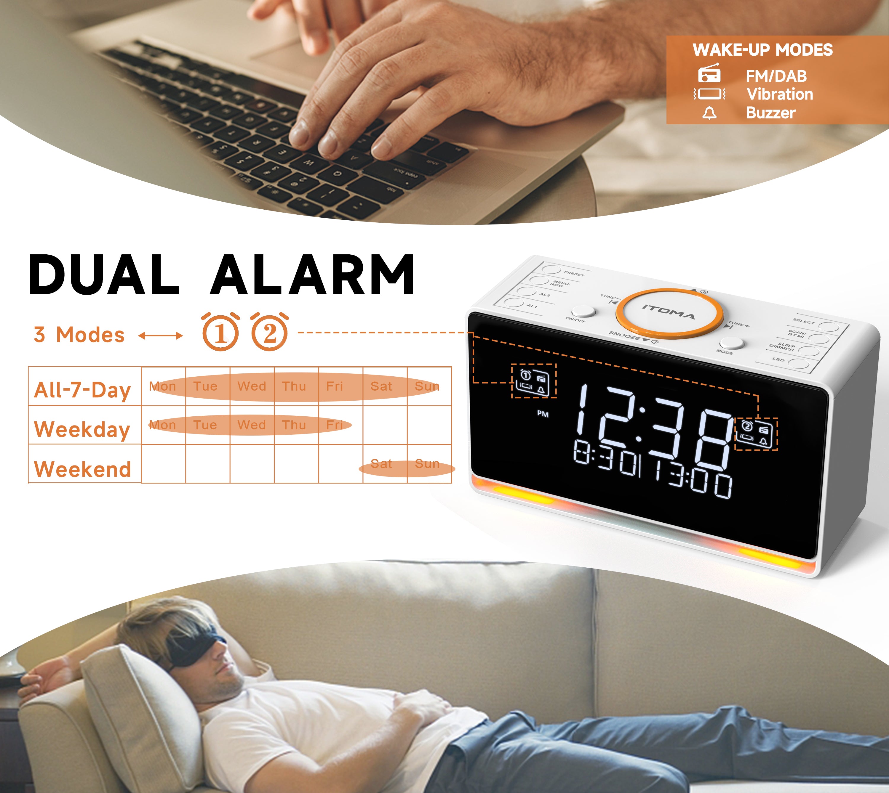 DAB and FM, Bluetooth, dual alarm clocks, sleep timer, dimming control, USB charger and headphone jack iTOMA 728