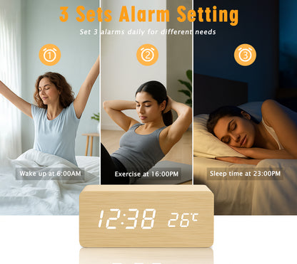 Multi-Function Digital Clock, Adjusting Brightness LED Alarm Clock with Time/Date/Temp Display Wooden Clock Smart Sleep Mode & DC/Battery for Home Office Travel