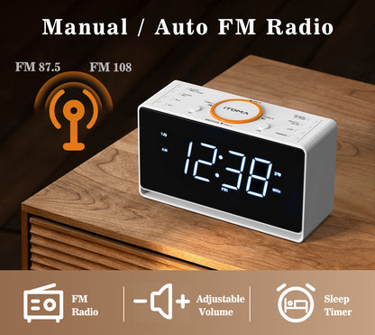 Digitaler Radiowecker, 1,4-Zoll-Uhr mit weißem LED-Display, Bluetooth, FM-Radio, Doppelalarm, Sleep-Timer, Schlummerfunktion, automatischem und manuellem Dimmer, USB-Ladegerät und Nachtlicht iTOMA 718