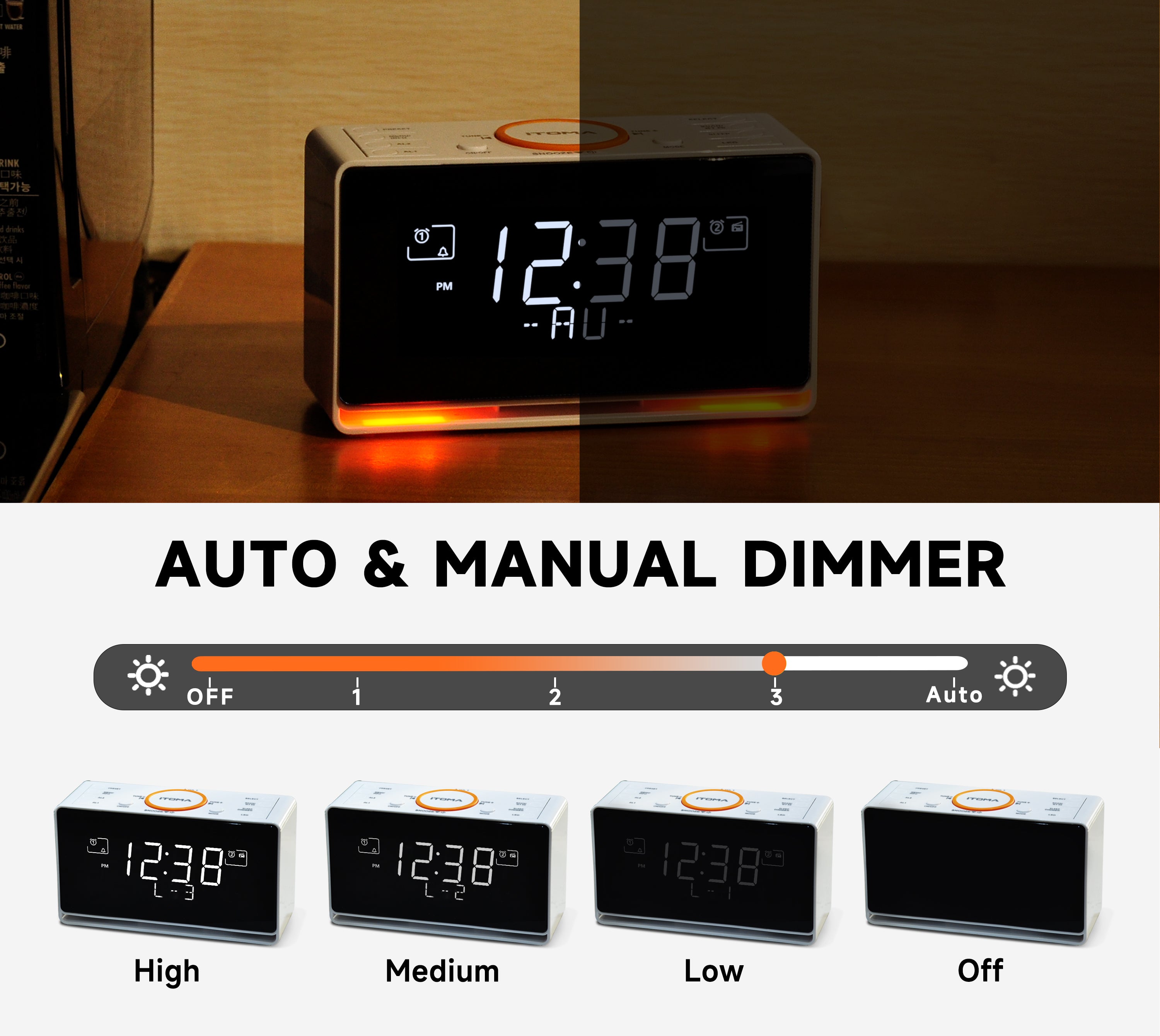 DAB and FM, Bluetooth, dual alarm clocks, sleep timer, dimming control, USB charger and headphone jack iTOMA 728