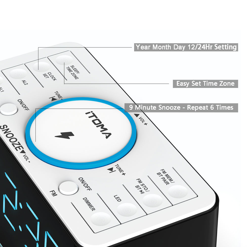 Creative APP Control, Alarm Clock Radio with 15W Wireless Charger, FM Radio, Bluetooth, Two Charging Ports, Dual Alarm, Sleep Timer, Snooze, Auto-Manual Dimmer, Night Light &1.4" Ice Blue LED Display Clock Radio for Bedroom iTOMA 207A