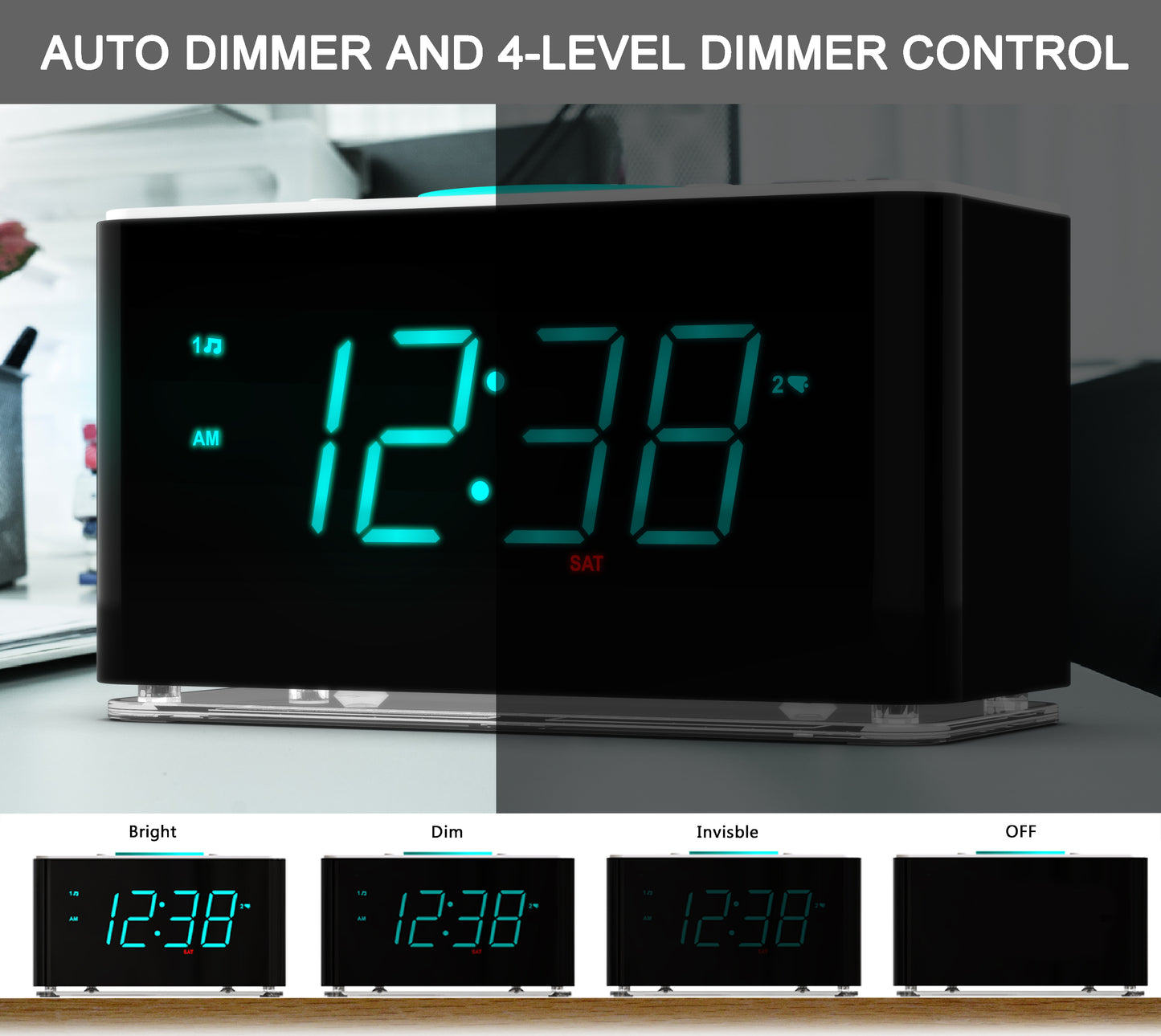 Radiowecker, 15 W ultraschnelles kabelloses Telefonladegerät mit Bluetooth, USB-Ladeanschluss, Dual-Alarm, Sleep-Timer, Schlummerfunktion, Dimmer, UKW-Radio, cyanfarbenes LED-Nachtlicht und 1,4-Zoll-Display iTOMA CKS207 
