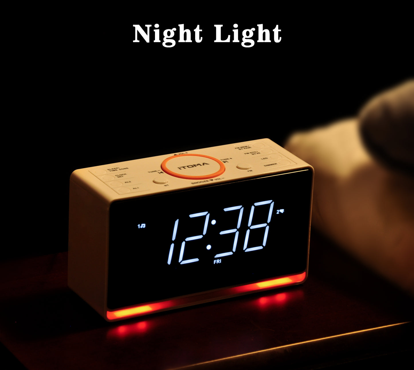 Digitaler Radiowecker, 1,4-Zoll-Uhr mit weißem LED-Display, Bluetooth, FM-Radio, Doppelalarm, Sleep-Timer, Schlummerfunktion, automatischem und manuellem Dimmer, USB-Ladegerät und Nachtlicht iTOMA 718