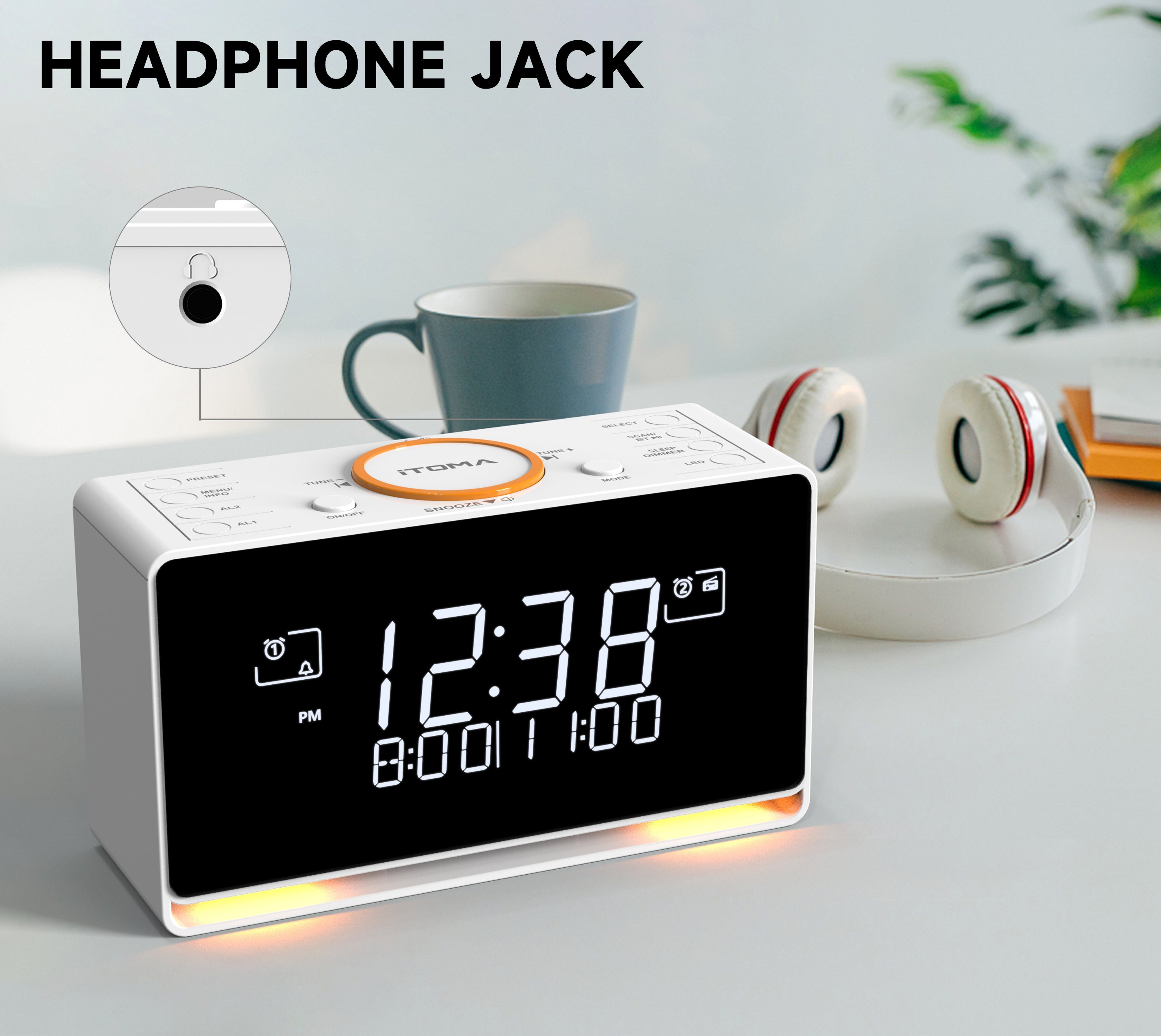 DAB and FM, Bluetooth, dual alarm clocks, sleep timer, dimming control, USB charger and headphone jack iTOMA 728