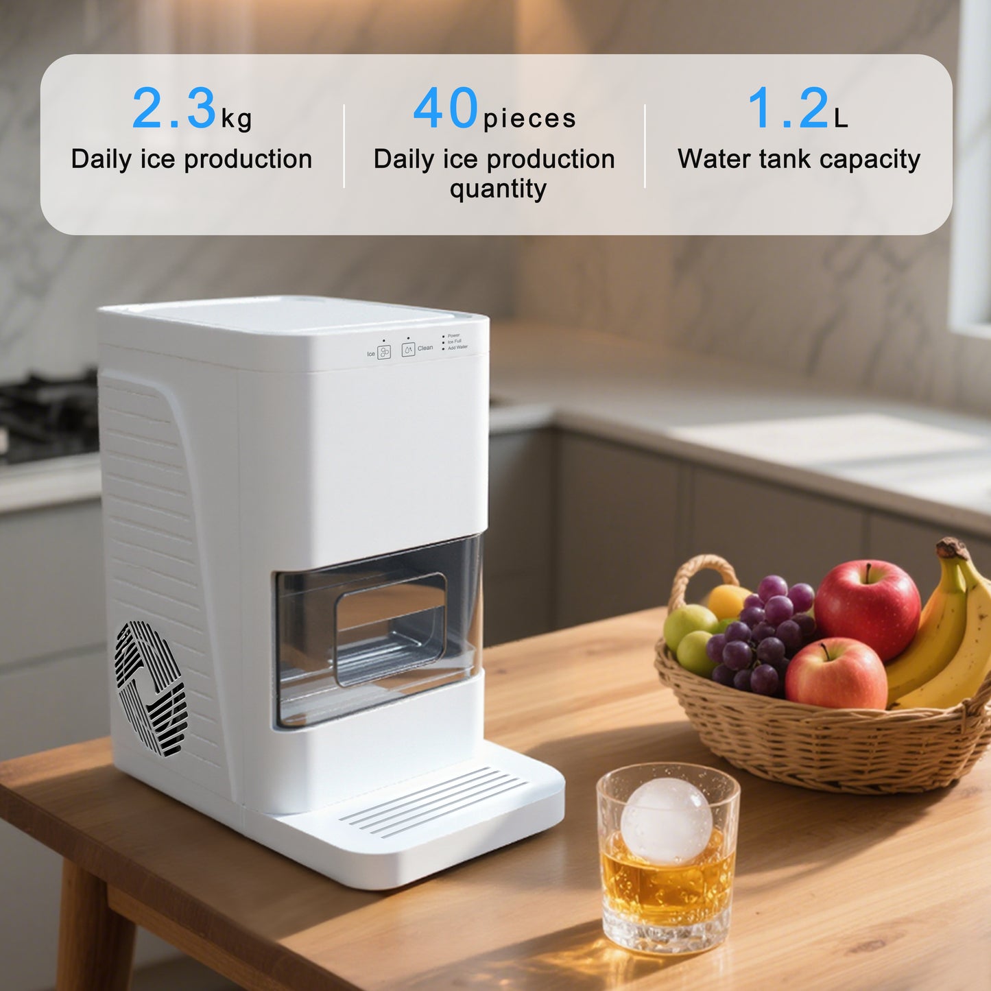 Fully-automated Artisanal Sphere Ice Maker – 2.3kg Daily Output, 50-Min Fast Ice, Smart Sensors, One-Touch Clean, Compact & Quiet for Home/Bar Use