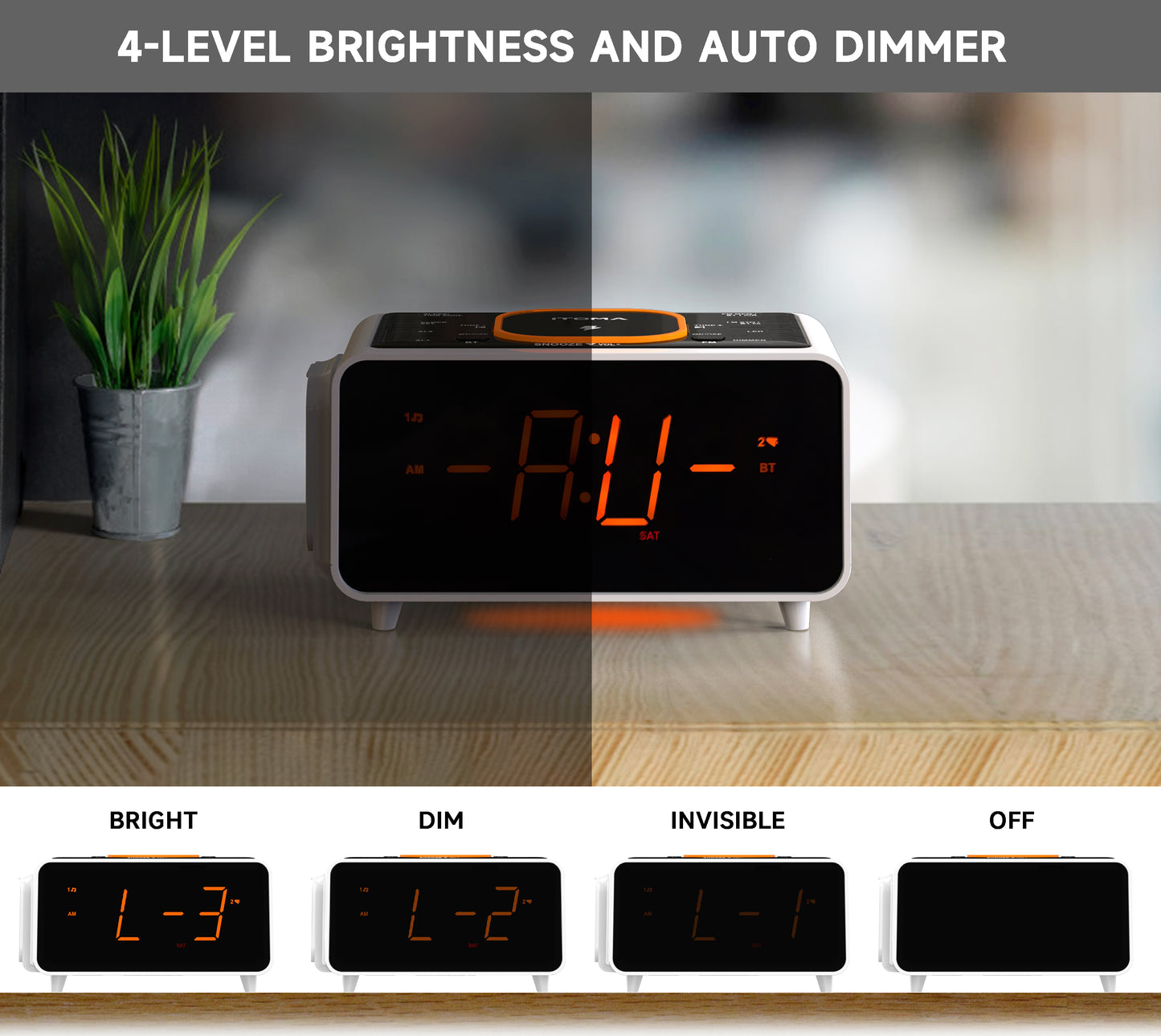 Bedside App Control Dual Wireless Charging Alarm Clock Radio with Bluetooth Speaker, FM Radio, Two USB Port, Dual Alarm, Snooze, Night Light, Auto & Manual Dimmer Control and 1.4" Orange Display iTOMA 209