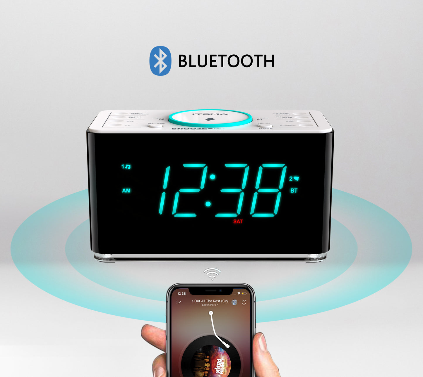 Radiowecker, 15 W ultraschnelles kabelloses Telefonladegerät mit Bluetooth, USB-Ladeanschluss, Dual-Alarm, Sleep-Timer, Schlummerfunktion, Dimmer, UKW-Radio, cyanfarbenes LED-Nachtlicht und 1,4-Zoll-Display iTOMA CKS207 