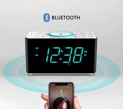 Bedside Alarm Clock Radio, 15 W Ultra Fast Wireless Phone Charger with wireless conncetion, USB Charging Port, Dual Alarm, Sleep Timer, Snooze, Dimmer, FM Radio,Cyan LED Night Light &1.4" Display iTOMA 207S