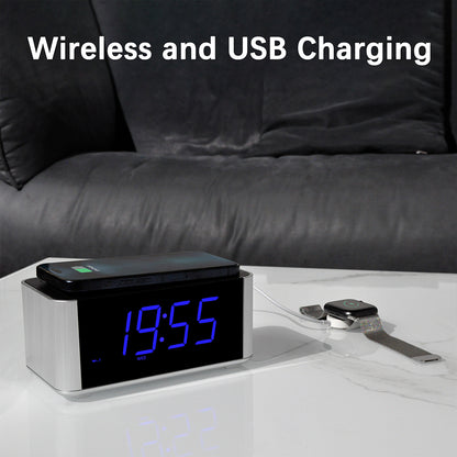 Radio despertador de noche con carga inalámbrica de 5 W, función de repetición, Bluetooth, alarma dual, pantalla LED de 1,4", regulador de intensidad y carga USB para iTOMA 206S.