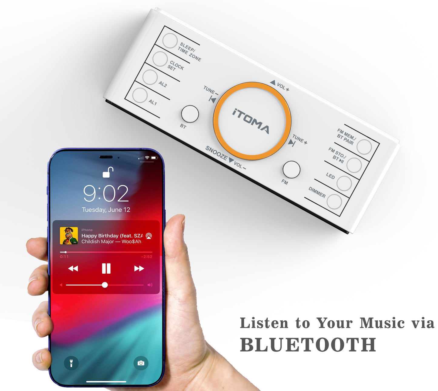 Digitaler Radiowecker, 1,4-Zoll-Uhr mit weißem LED-Display, Bluetooth, FM-Radio, Doppelalarm, Sleep-Timer, Schlummerfunktion, automatischem und manuellem Dimmer, USB-Ladegerät und Nachtlicht iTOMA 718