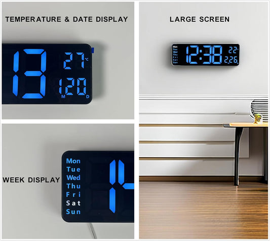 Digitale Wanduhr, 13 Zoll großes Display, LED-Wanduhr für Wohnzimmerdekor, Wecker, Timer, 12/24 Std., automatischer Helligkeitsdimmer, große Uhr mit Tag/Datum/Temperatur (13 Zoll) 