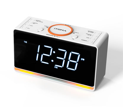Digitaler Radiowecker, 1,4-Zoll-Uhr mit weißem LED-Display, Bluetooth, FM-Radio, Doppelalarm, Sleep-Timer, Schlummerfunktion, automatischem und manuellem Dimmer, USB-Ladegerät und Nachtlicht iTOMA 718