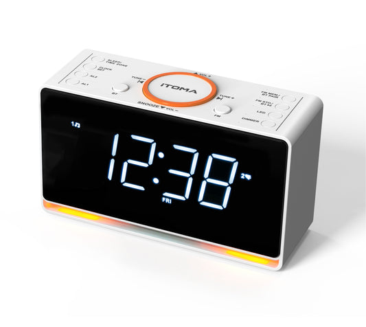 Digital Alarm Clock Radio, 1.4" White LED Display Clock with Bluetooth, FM Radio, Dual Alarm, Sleep Timer, Snooze, Auto & Manual Dimmer, USB Charger and Night Light iTOMA 718