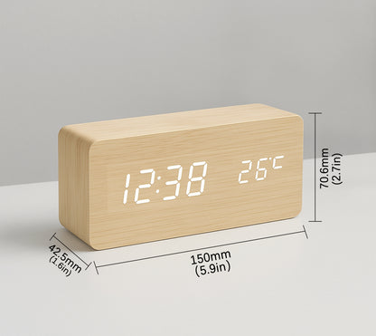 Multi-Function Digital Clock, Adjusting Brightness LED Alarm Clock with Time/Date/Temp Display Wooden Clock Smart Sleep Mode & DC/Battery for Home Office Travel
