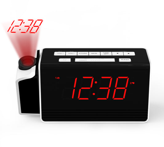 Digitaler iTOMA Projektionswecker fürs Schlafzimmer mit 180° drehbarem Projektor, FM-Radio, rotem LED-Display, 4-stufigem Helligkeitsdimmer, Doppelalarm, Schlummerfunktion, 12/24H 512