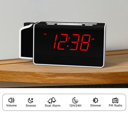 Reloj despertador digital iTOMA con proyector giratorio de 180° para dormitorio, radio FM, pantalla LED roja, regulador de brillo de 4 niveles, alarma dual, función de repetición, 12/24 h, 512