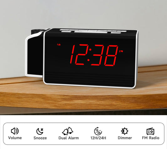 Digitaler iTOMA Projektionswecker fürs Schlafzimmer mit 180° drehbarem Projektor, FM-Radio, rotem LED-Display, 4-stufigem Helligkeitsdimmer, Doppelalarm, Schlummerfunktion, 12/24H 512