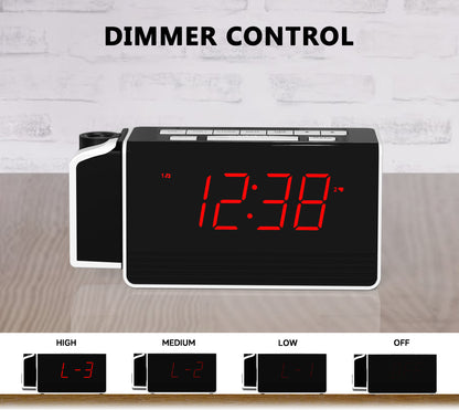 Reloj despertador digital iTOMA con proyector giratorio de 180° para dormitorio, radio FM, pantalla LED roja, regulador de brillo de 4 niveles, alarma dual, función de repetición, 12/24 h, 512