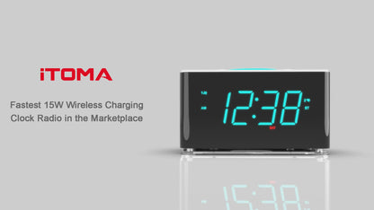 Bedside Alarm Clock Radio, 15 W Ultra Fast Wireless Phone Charger with wireless conncetion, USB Charging Port, Dual Alarm, Sleep Timer, Snooze, Dimmer, FM Radio,Cyan LED Night Light &1.4" Display iTOMA 207S