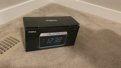 Bedside Alarm Clock Radio, 15 W Ultra Fast Wireless Phone Charger with wireless conncetion, USB Charging Port, Dual Alarm, Sleep Timer, Snooze, Dimmer, FM Radio,Cyan LED Night Light &1.4" Display iTOMA 207S